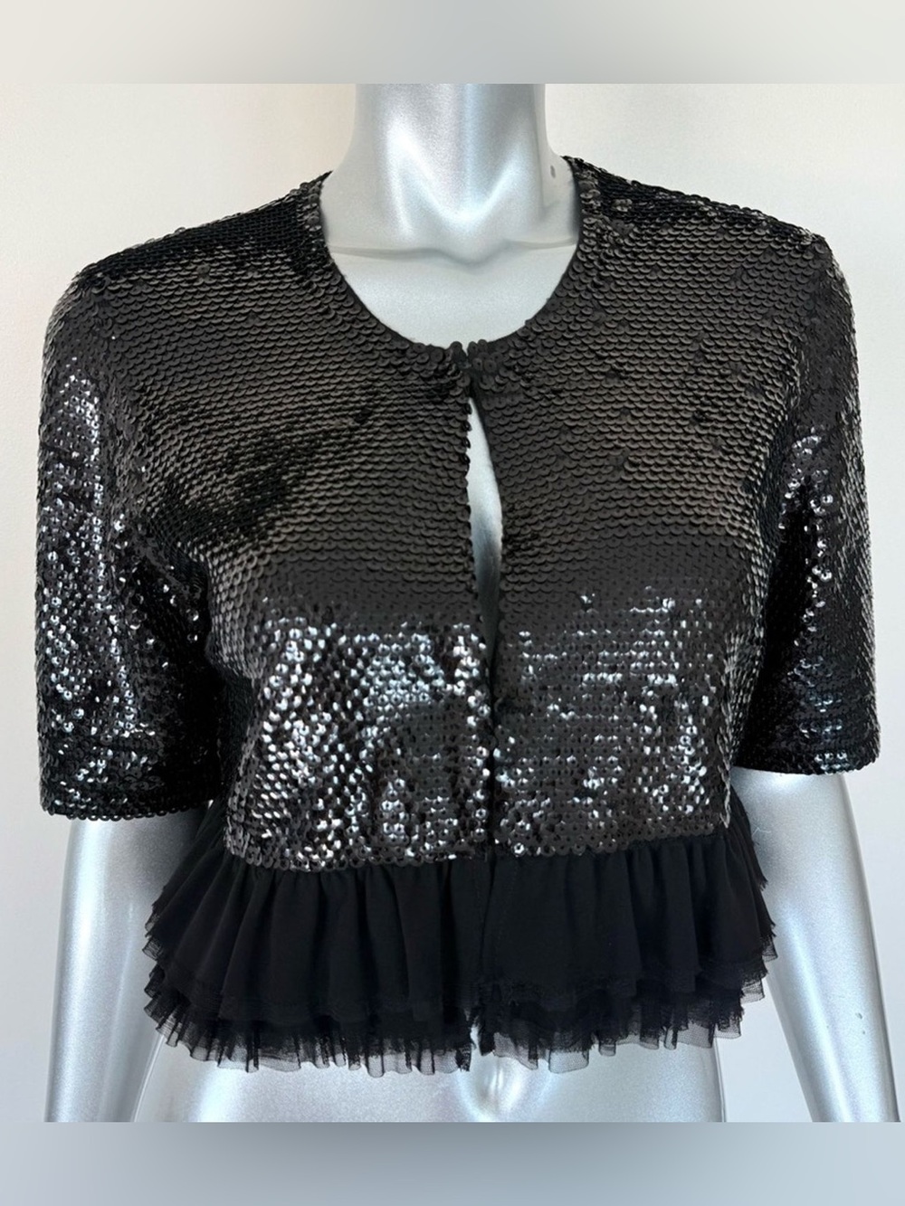 BCBGMaxAzria Black Sequin Ruffle Crop Top